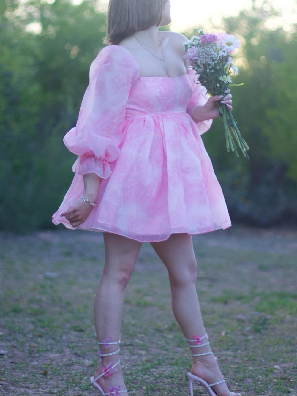 Pink Organza Puff-Sleeve Dress